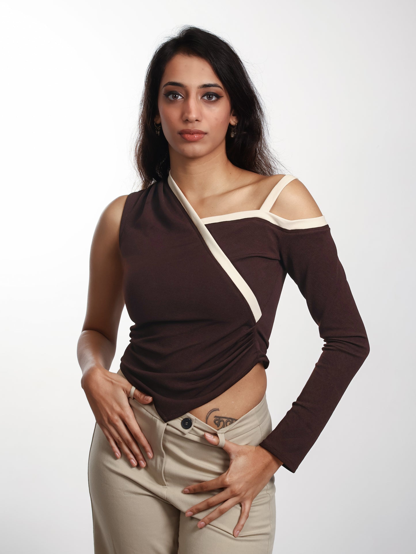 Asymmetrical top, draped top, brown top, front image