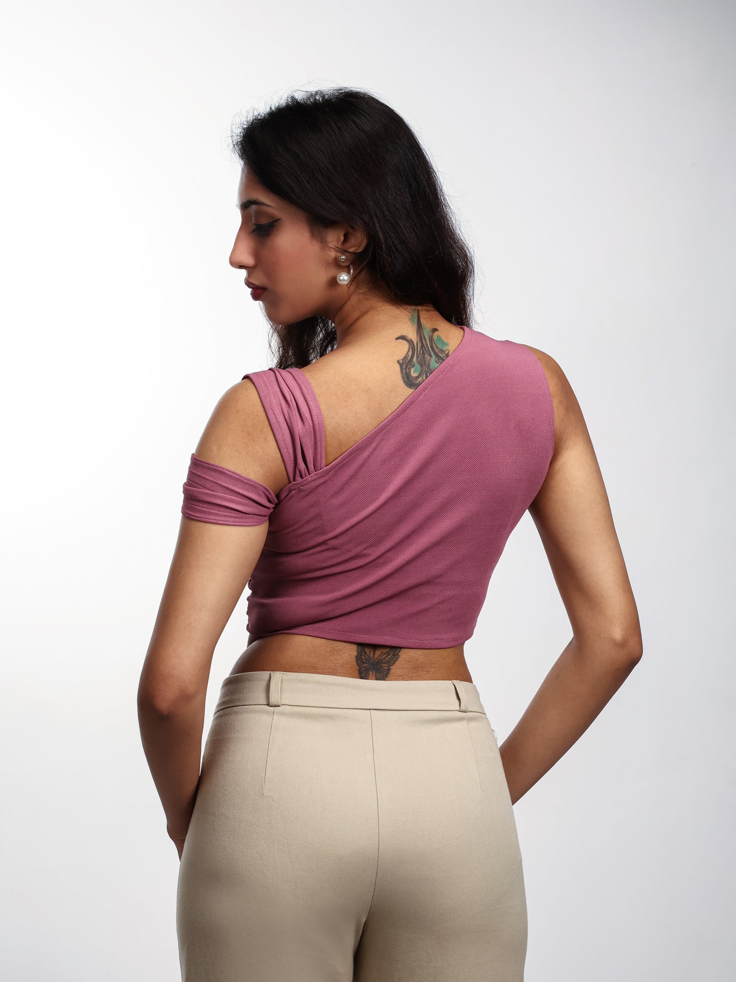 Asymmetrical top, ruched top, draped top, back image