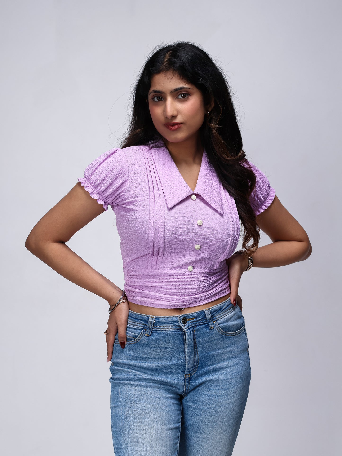 Ruched top, crop top, draped top, front