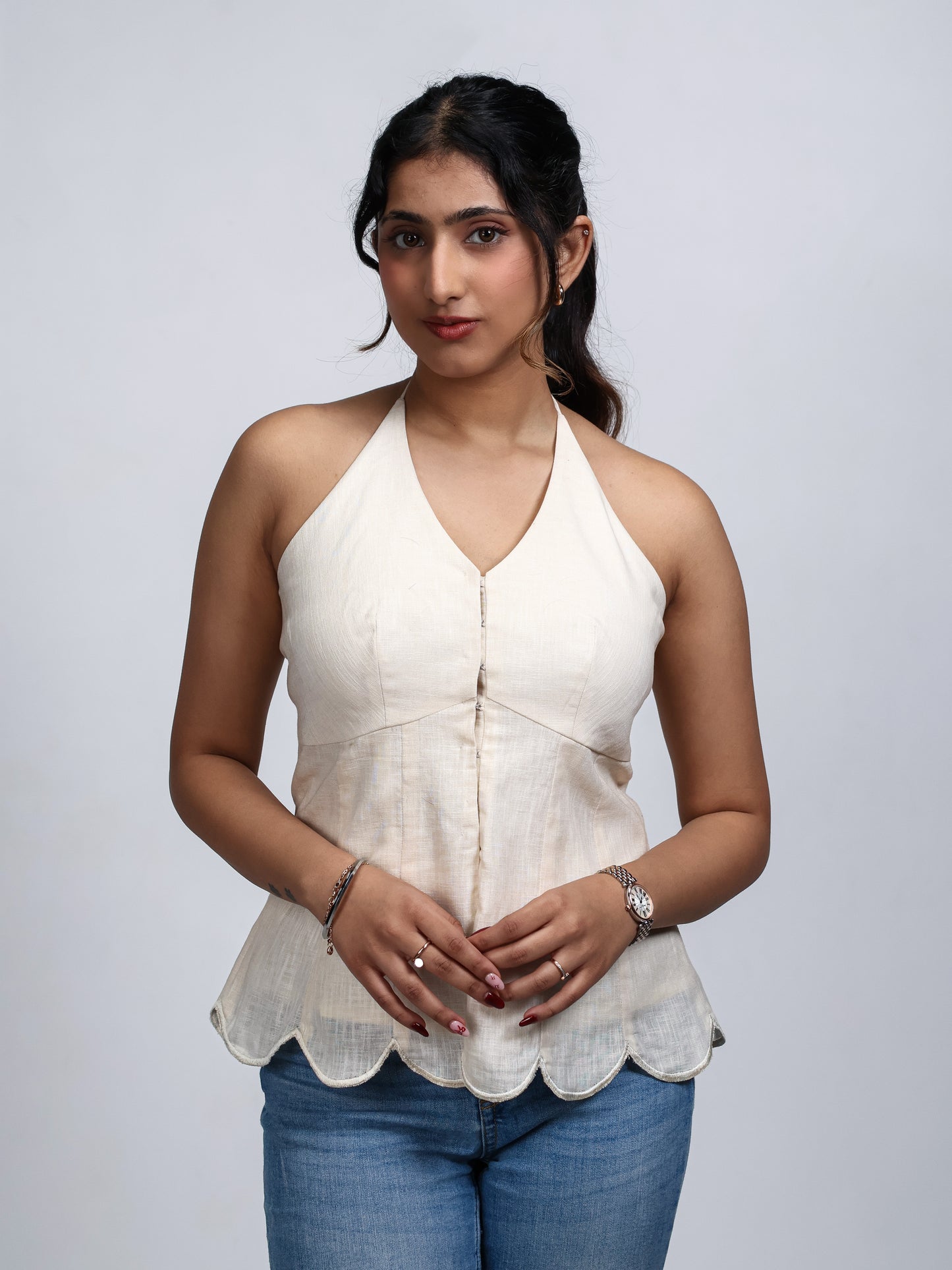 Beige top, peplum top, halterneck top backless top, front image