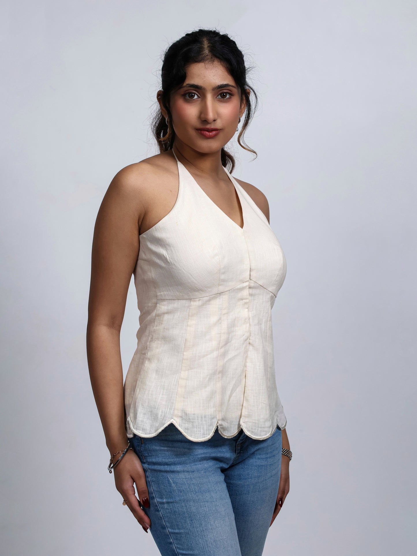 Beige top, peplum top, halterneck top backless top, front image
