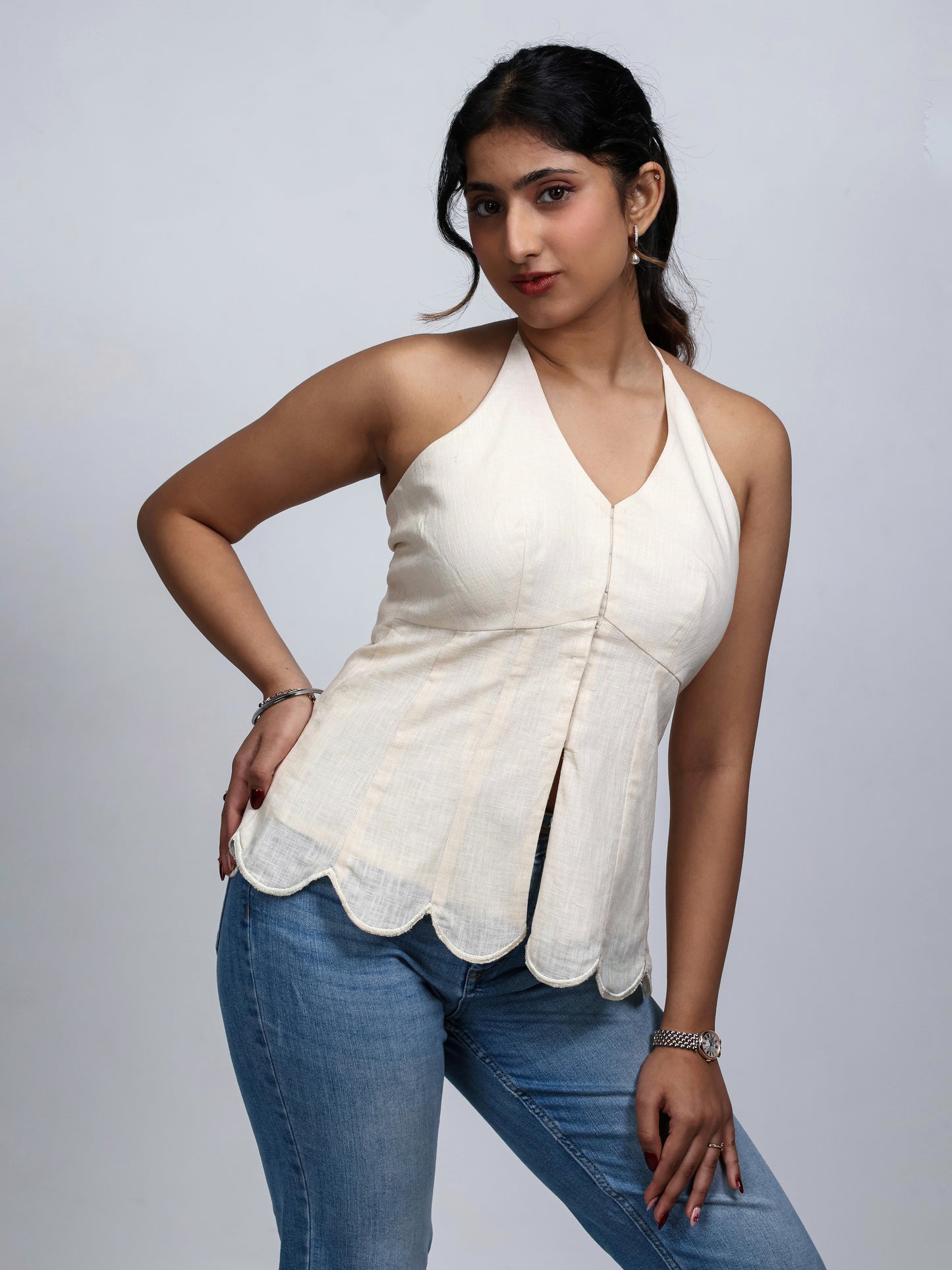 Beige top, peplum top, halterneck top backless top, front image