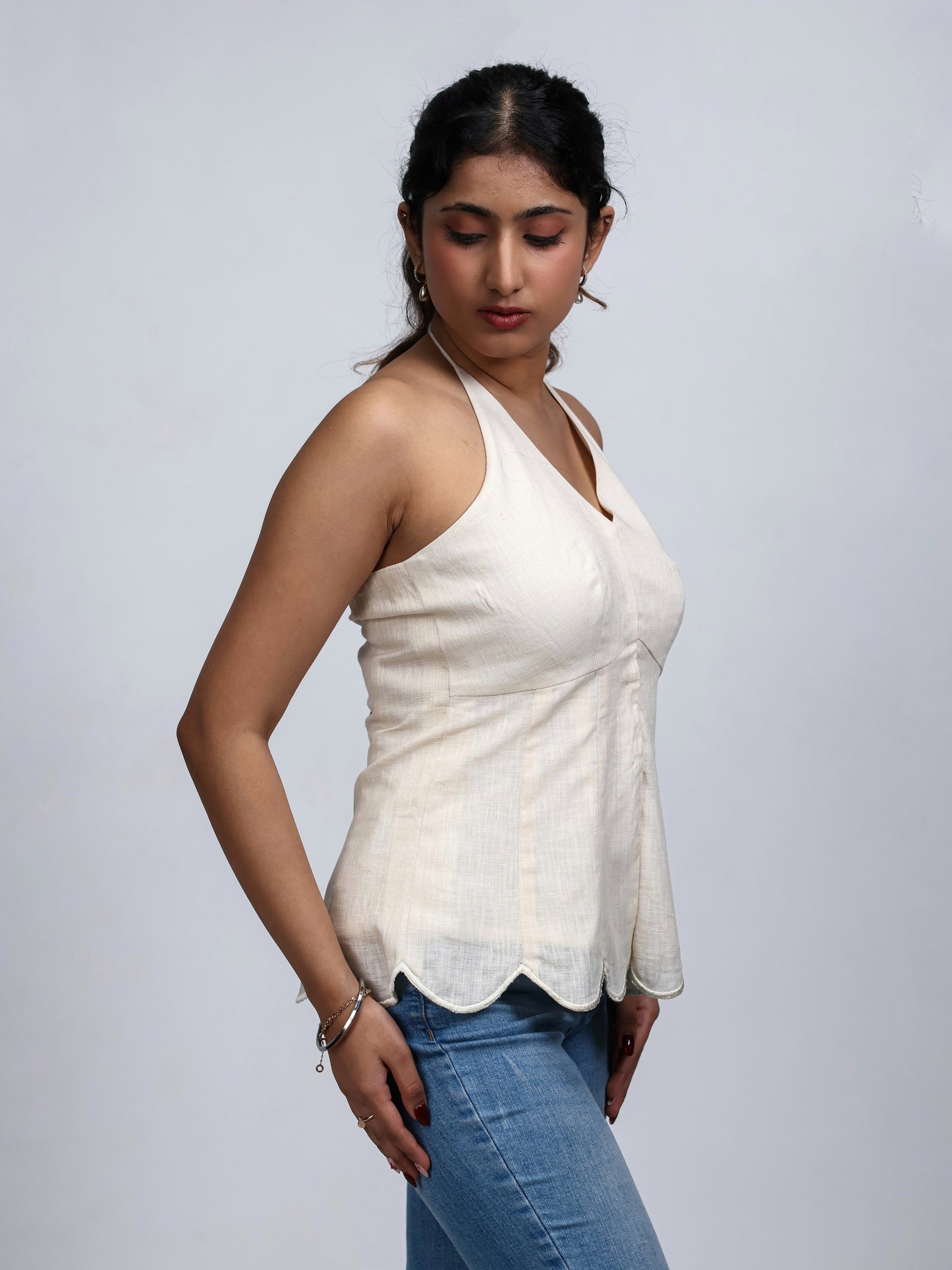 Beige top, peplum top, halterneck top backless top, side image