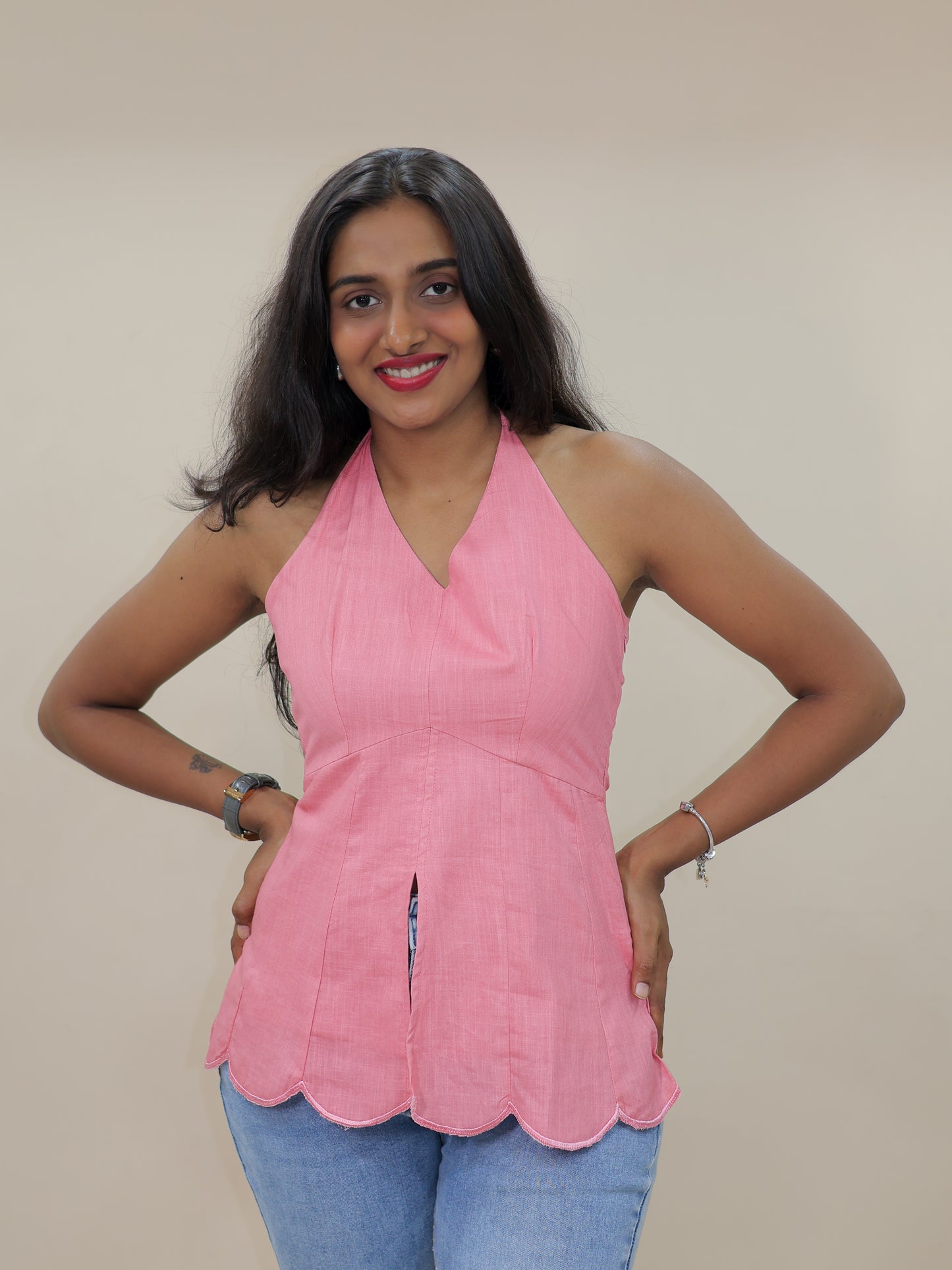 halter neck top, rose pink top front