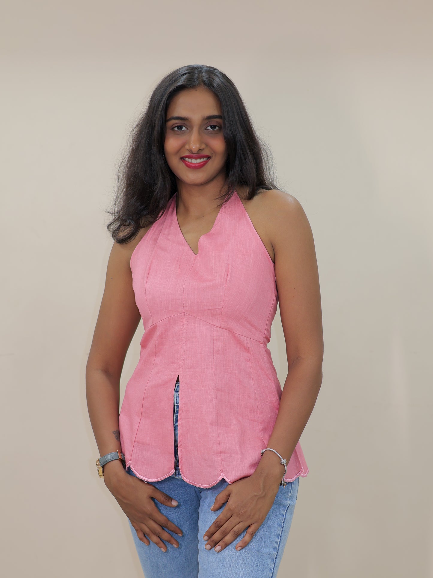 halter neck top, rose pink top front