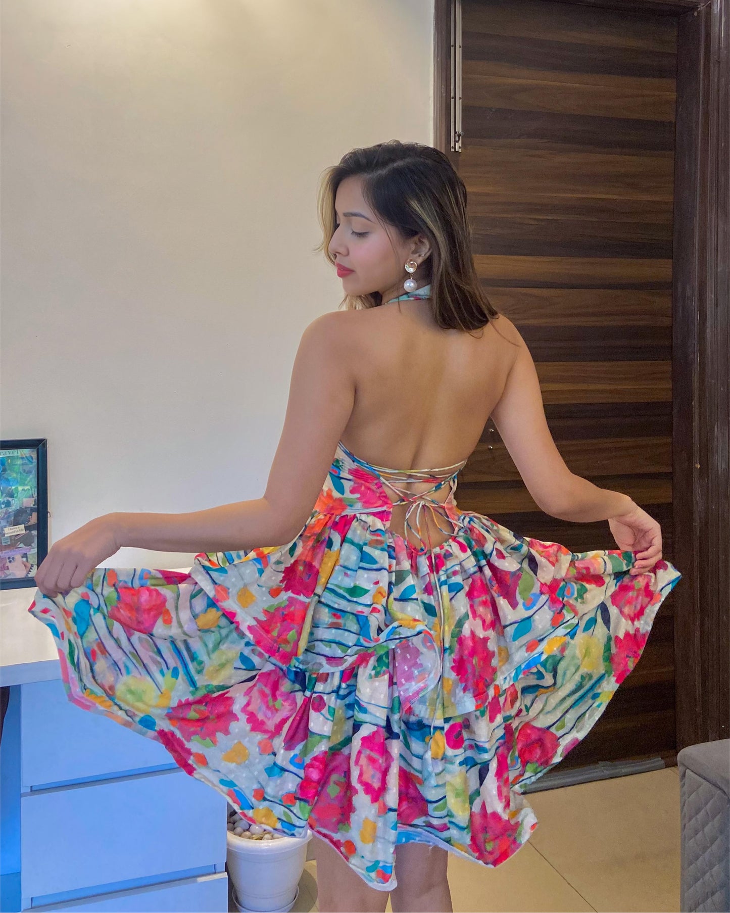 Floral Backless short flared dress