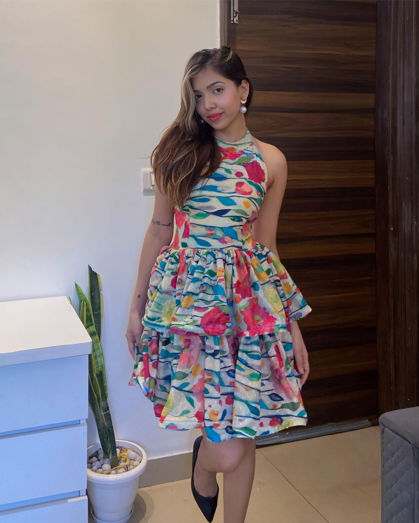 Floral Backless short flared dress