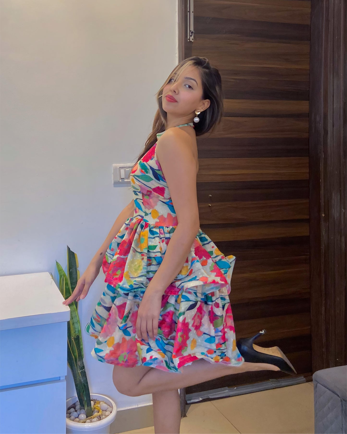 Floral Backless short flared dress, side image