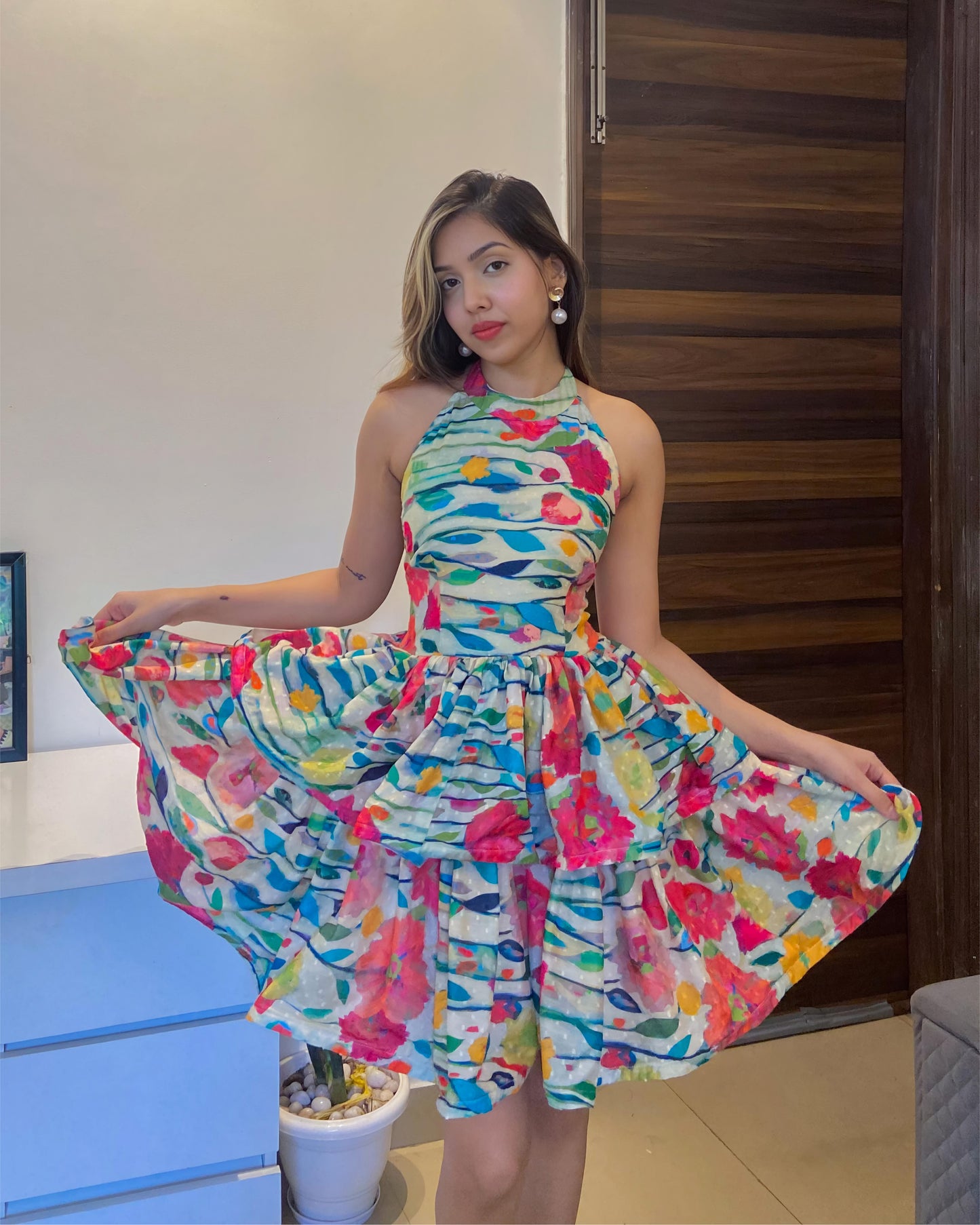Floral Backless short flared dress