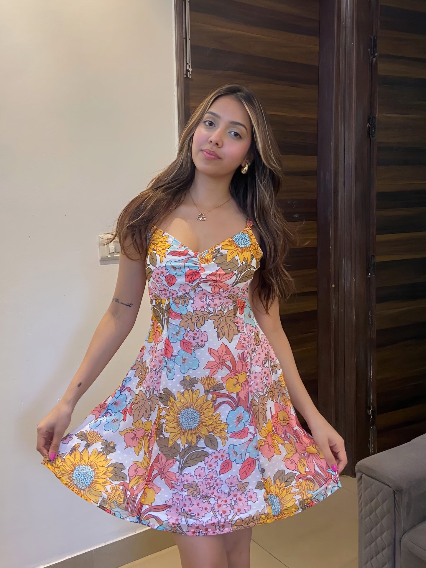 A short Summer floral dress, a front pose