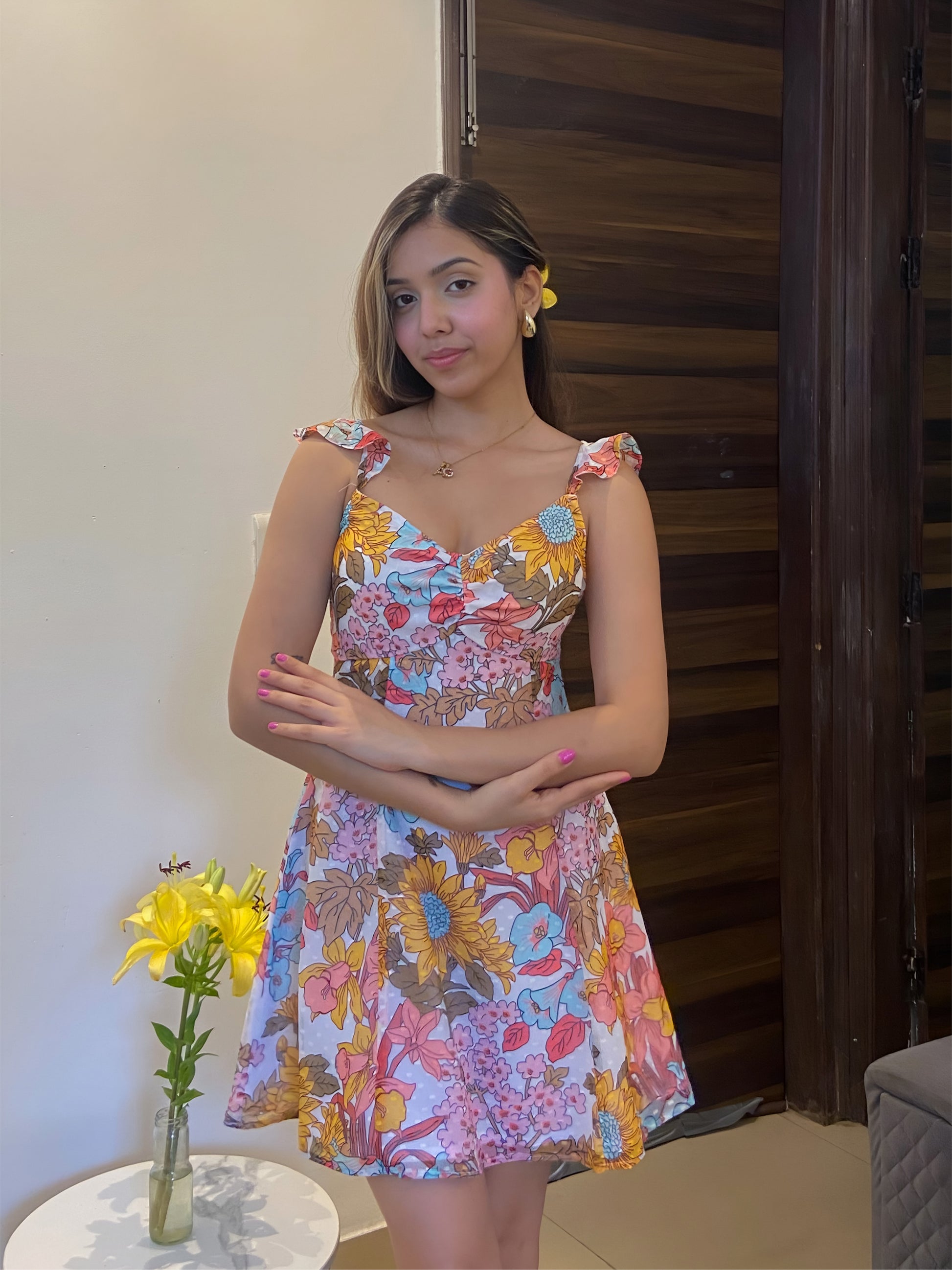 A short  Summer floral dress, a front pose