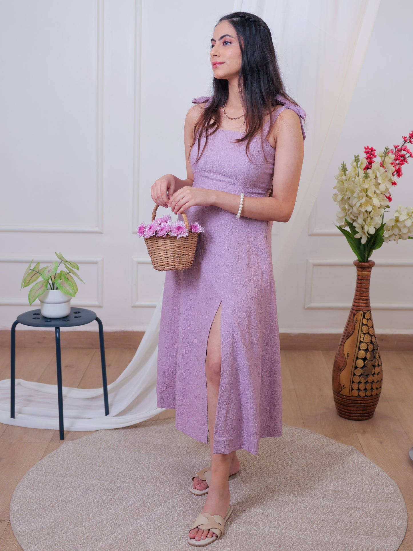 Lilac floral fit & flare midi dress, front image