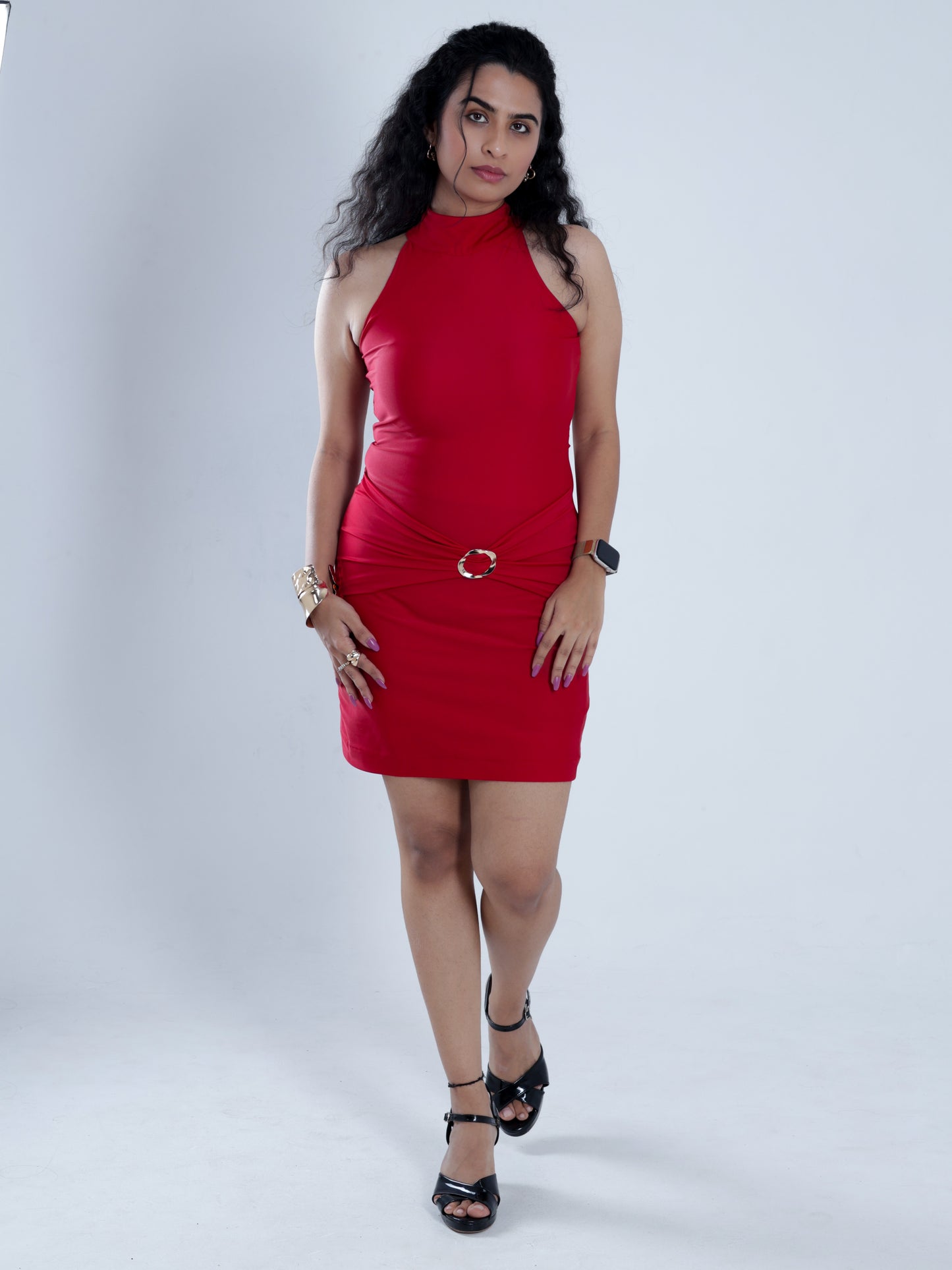 Scarlene Red High Neck Draped Dress
