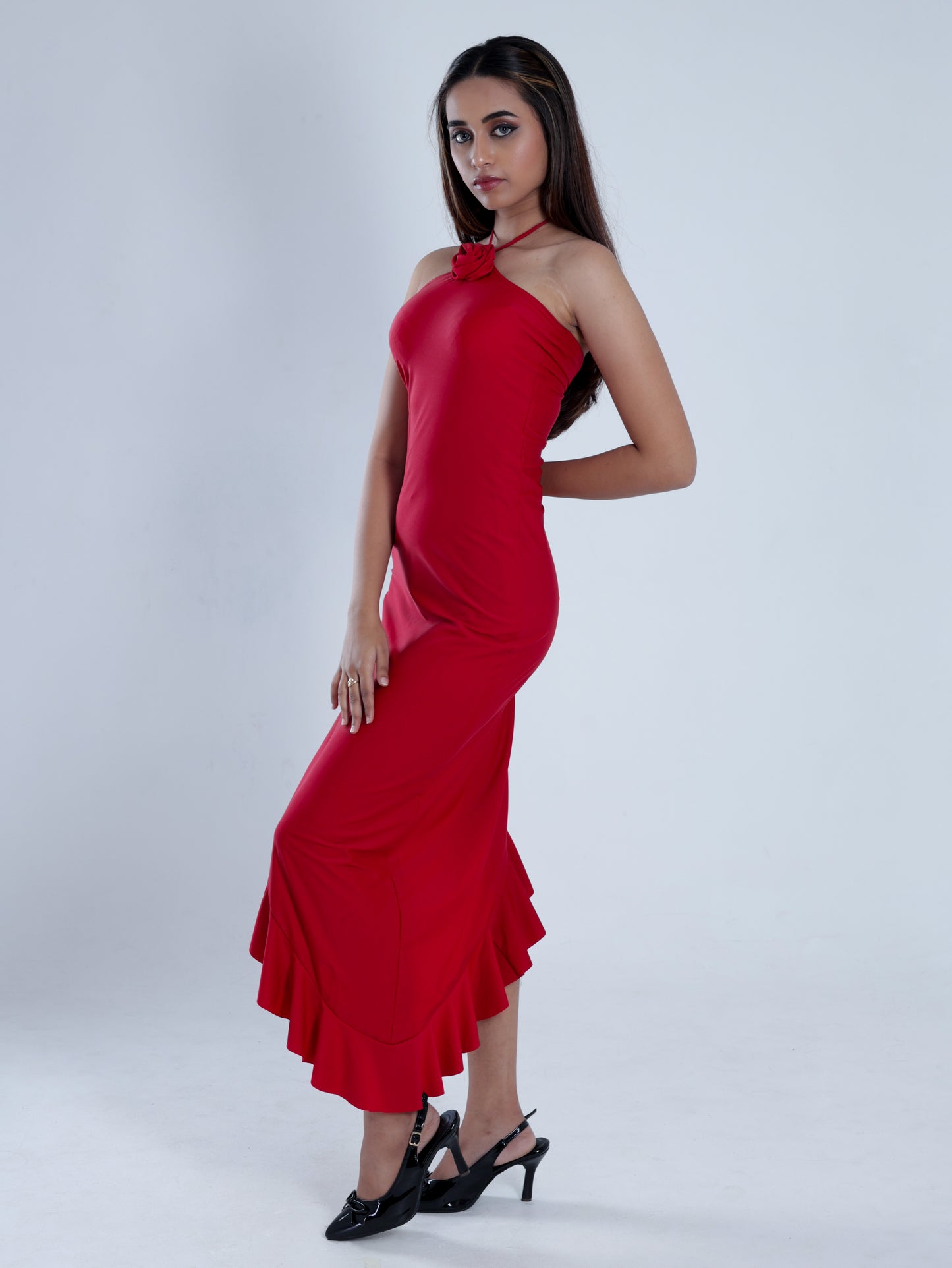 Amaryn Red Halter Neck Ruffle Dress