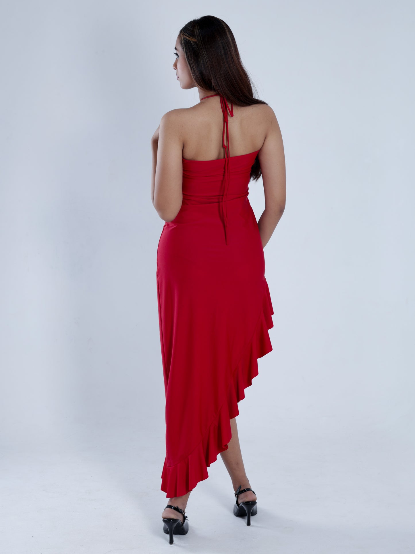 Amaryn Red Halter Neck Ruffle Dress