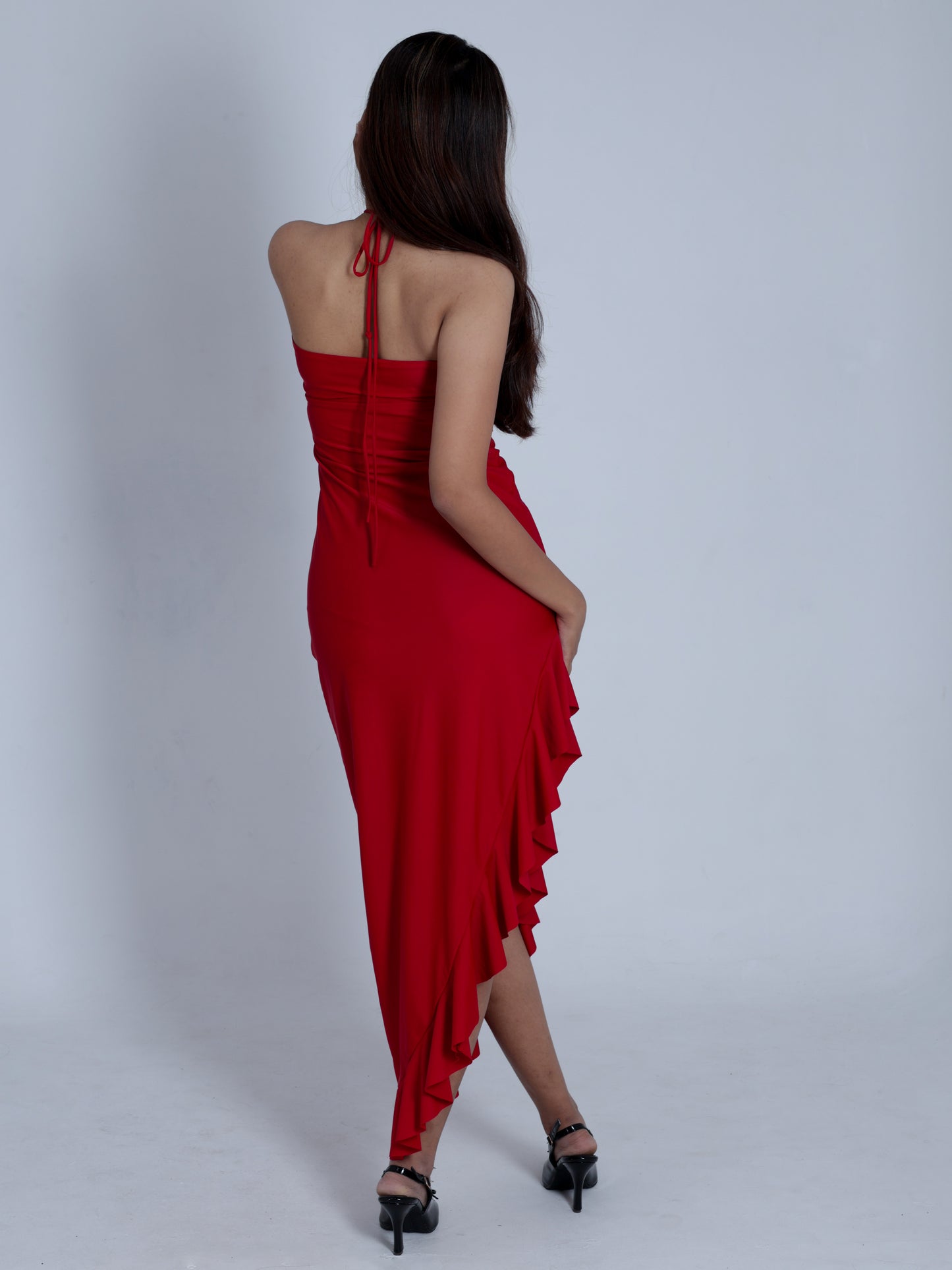 Amaryn Red Halter Neck Ruffle Dress