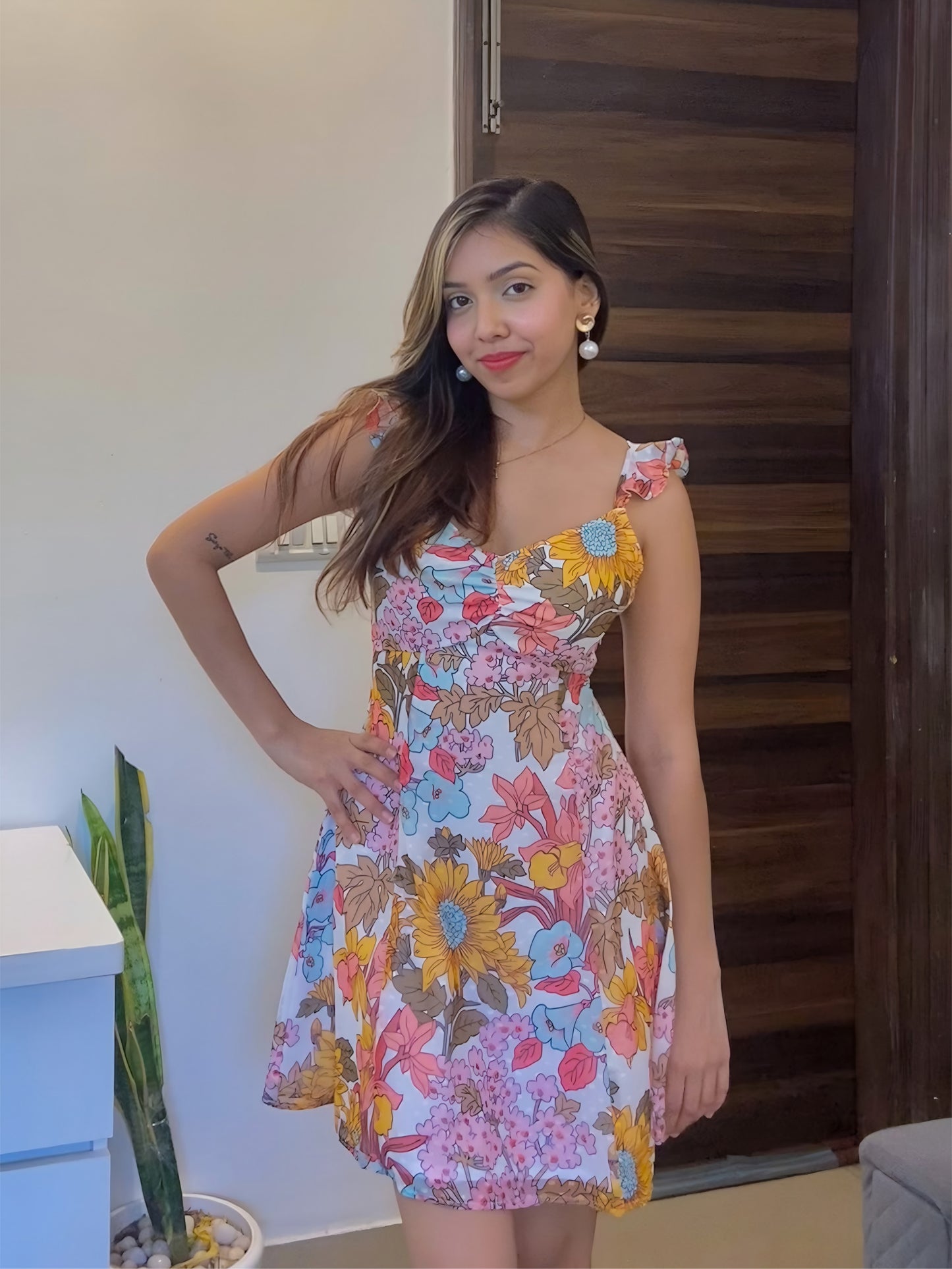A short Summer floral dress, a front pose