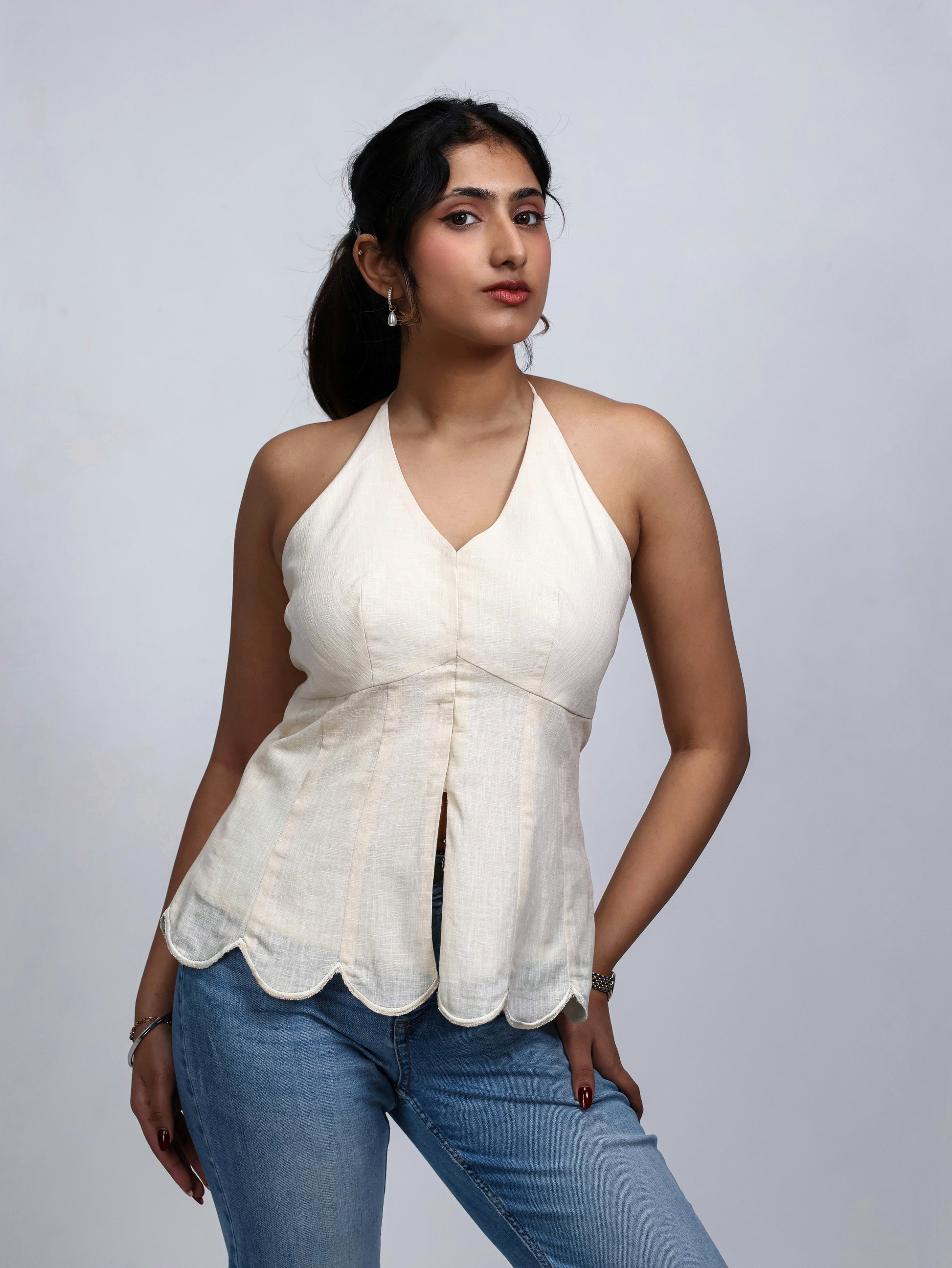 Beige top, peplum top, halterneck top backless top, front image