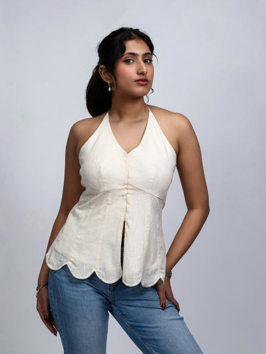Beige top, peplum top, halterneck top backless top, front image