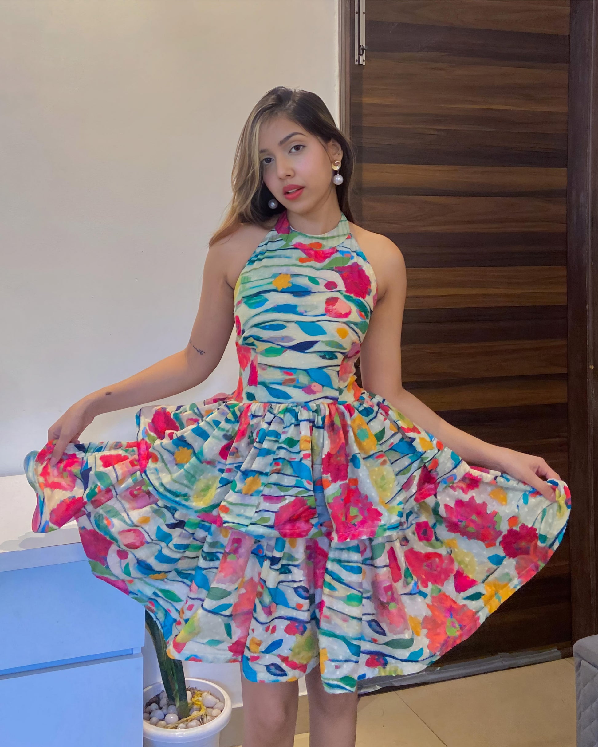 Floral Backless short flared dress