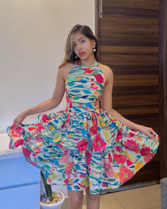 Floral Backless short flared dress