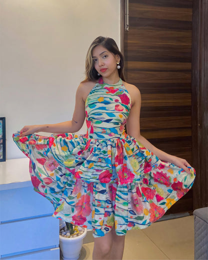 Floral Backless short flared dress