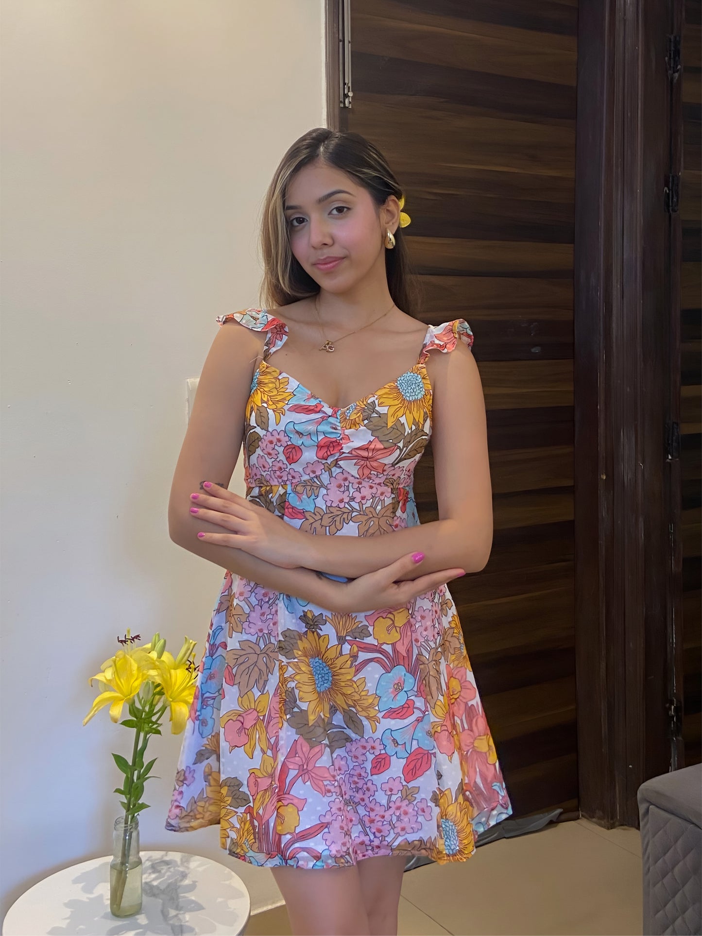 A short  Summer floral dress, a front pose