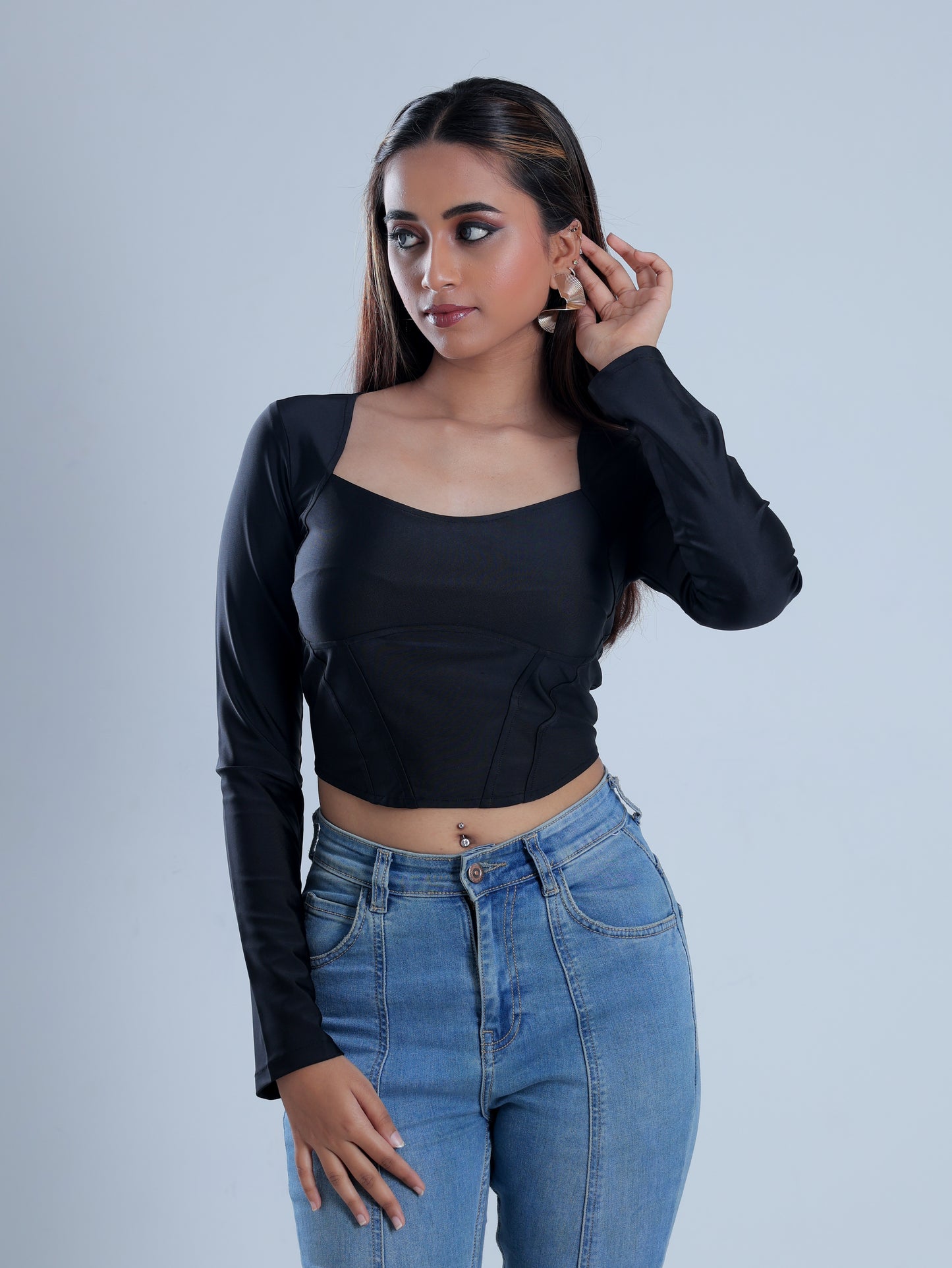 Carvexa Black Full Sleeve Corset Top