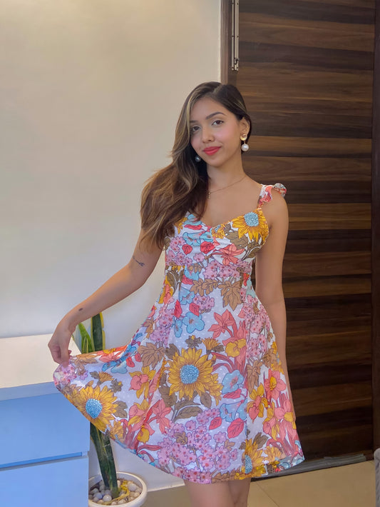 A short  Summer floral dress, a front pose
