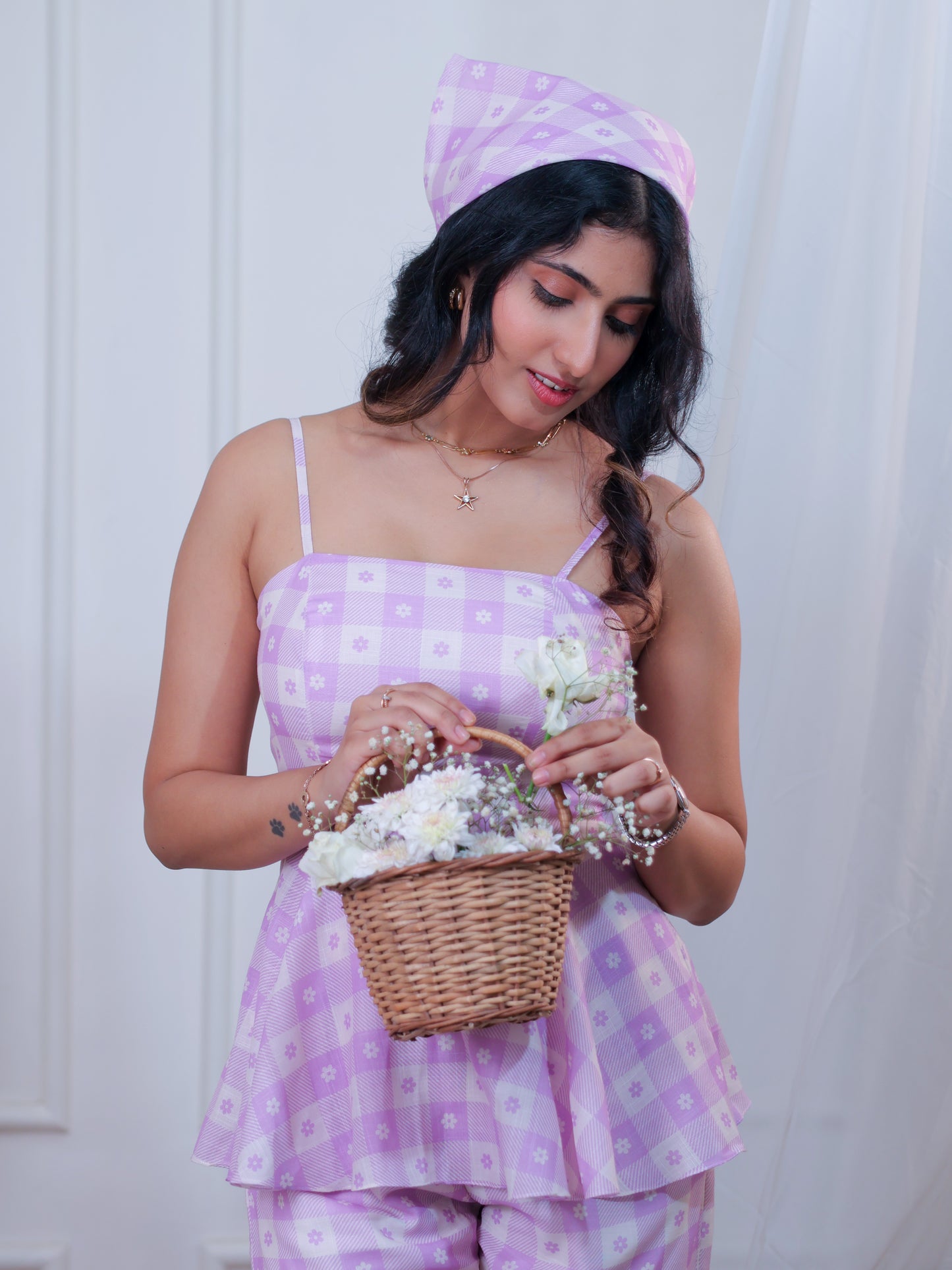 Peplum Corseted Gingham Top, Floral Top, Front Photo
