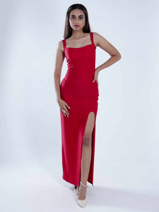 Valoris Red Corset Slit Dress