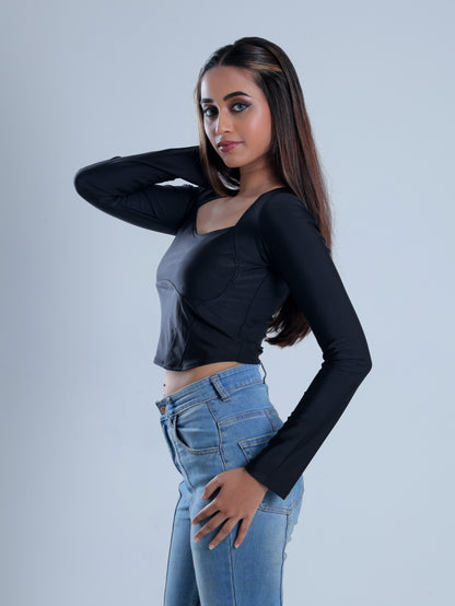 Carvexa Black Full Sleeve Corset Top