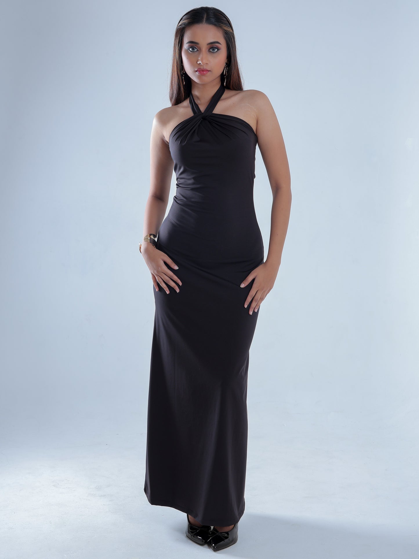 Fleuris Black Halter Neck Maxi Dress