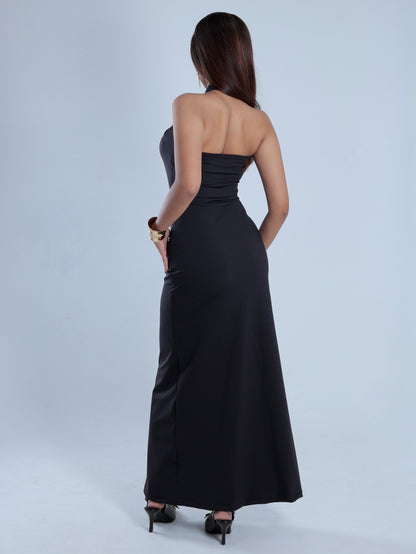 Fleuris Black Halter Neck Maxi Dress