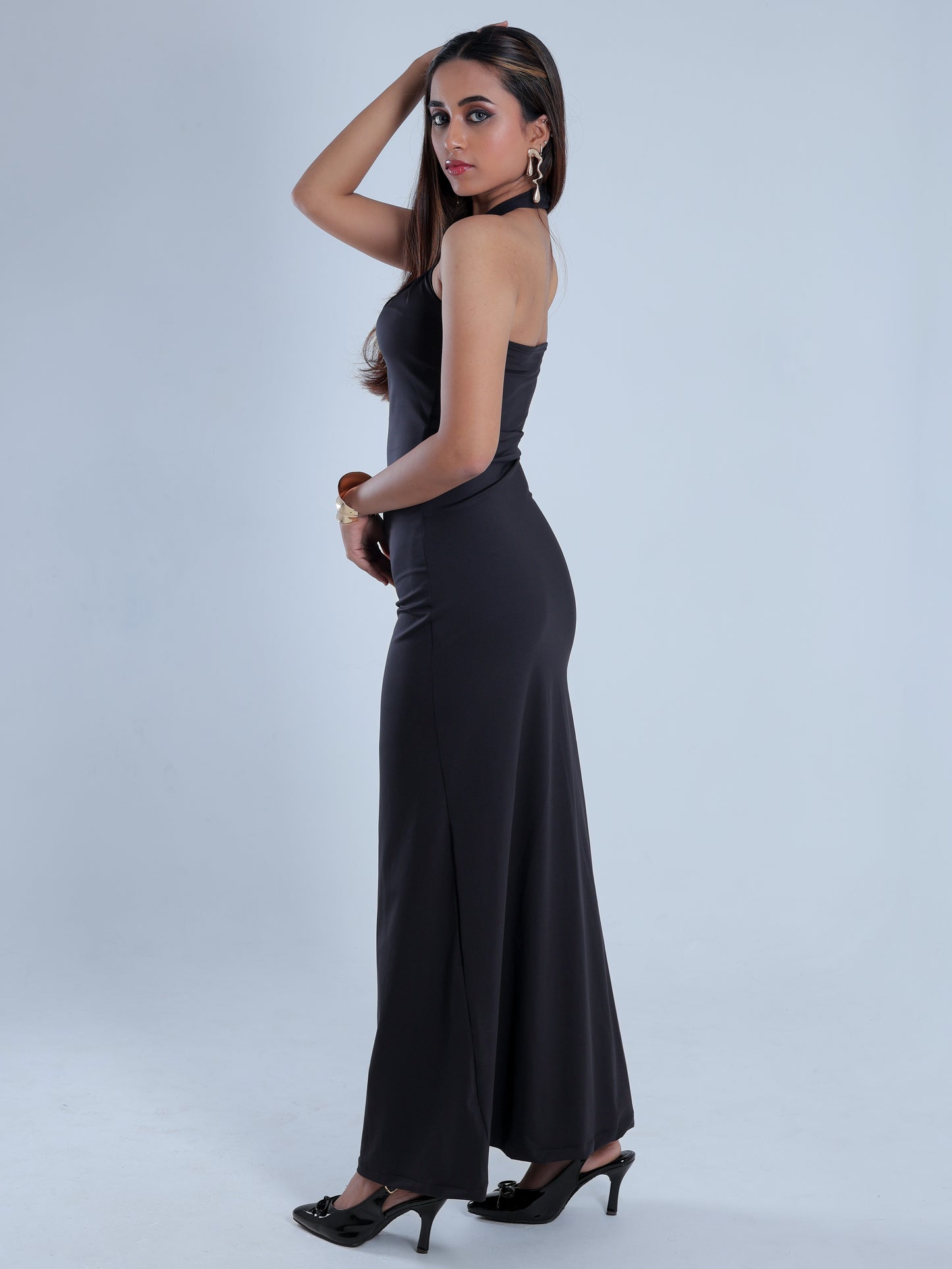Fleuris Black Halter Neck Maxi Dress