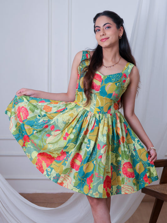 Floral short dress, Fit and flare short dress , Front photo