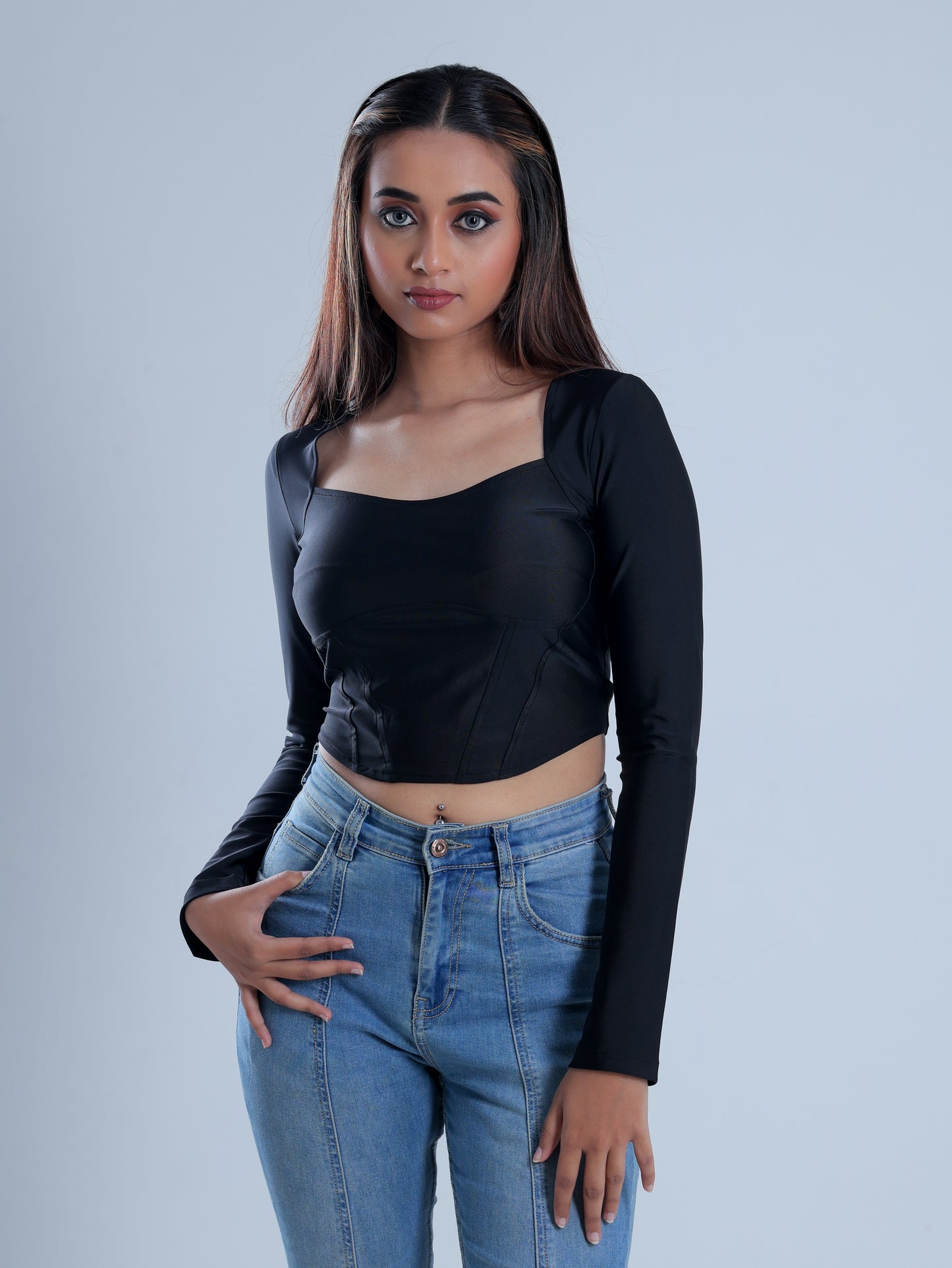Carvexa Black Full Sleeve Corset Top