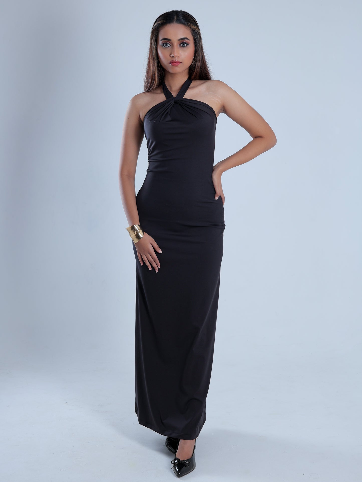 Fleuris Black Halter Neck Maxi Dress