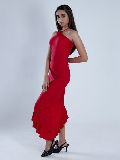 Amaryn Red Halter Neck Ruffle Dress