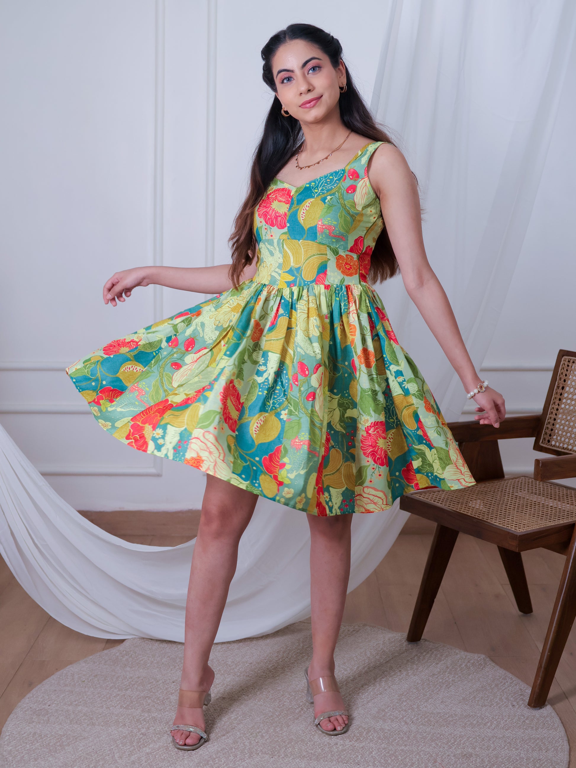 Floral short dress, Fit and flare short dress , Front photo