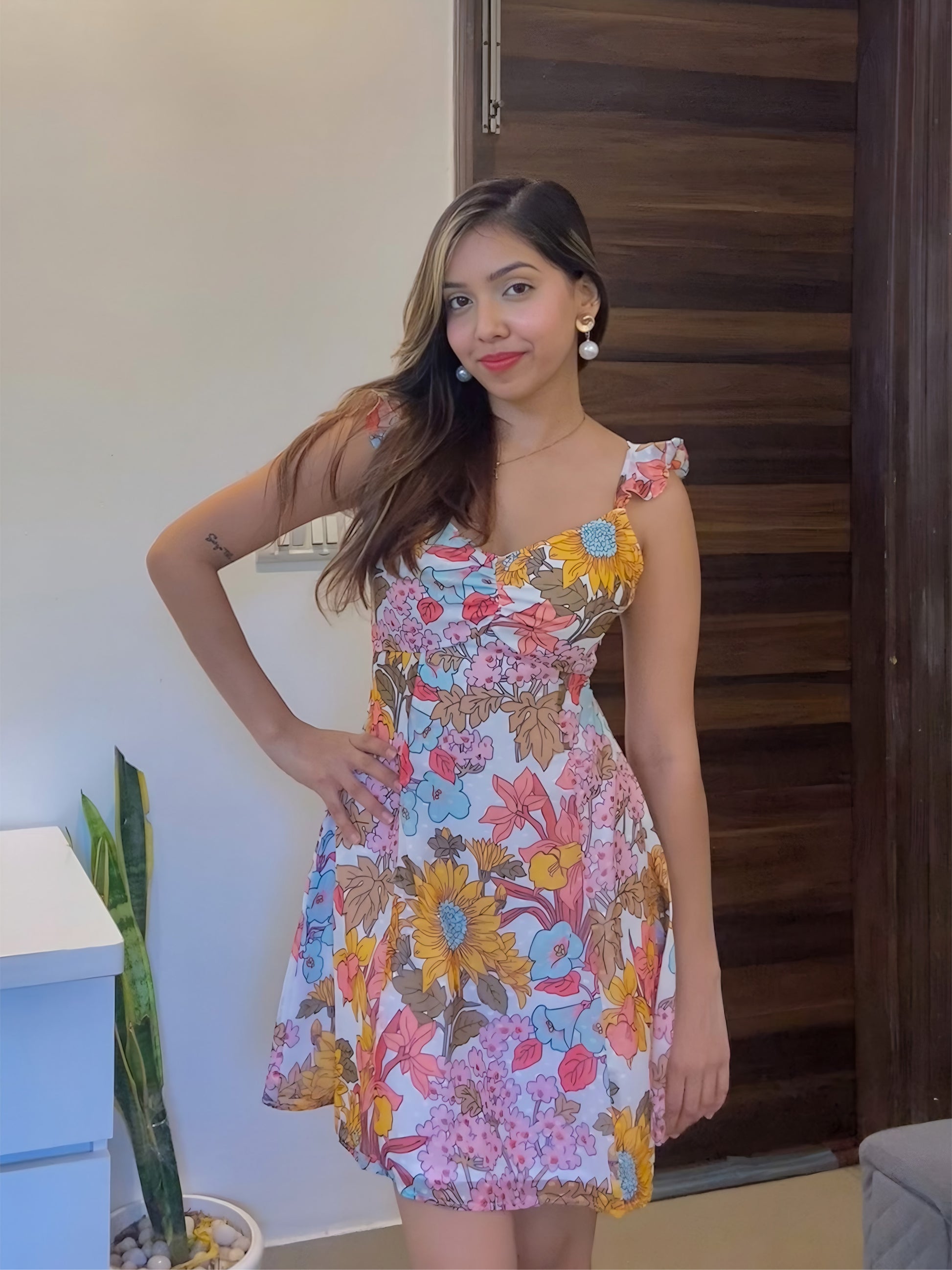 A short  Summer floral dress, a front pose
