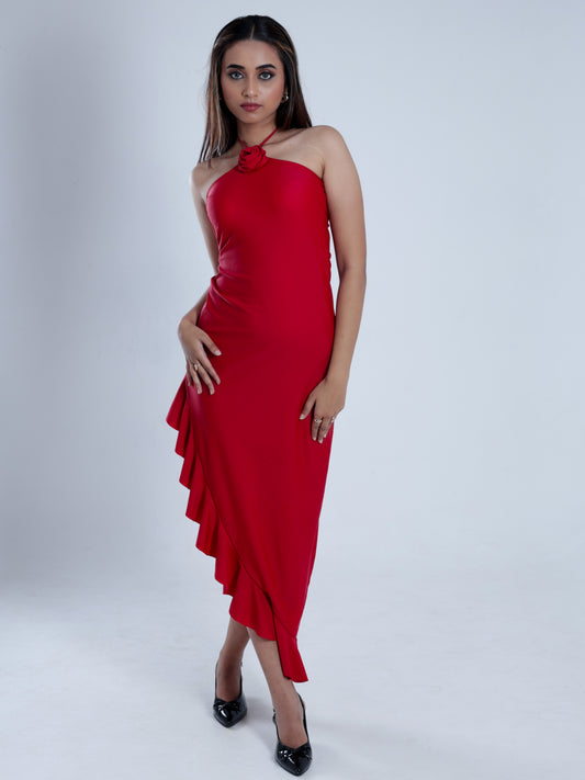 Amaryn Red Halter Neck Ruffle Dress